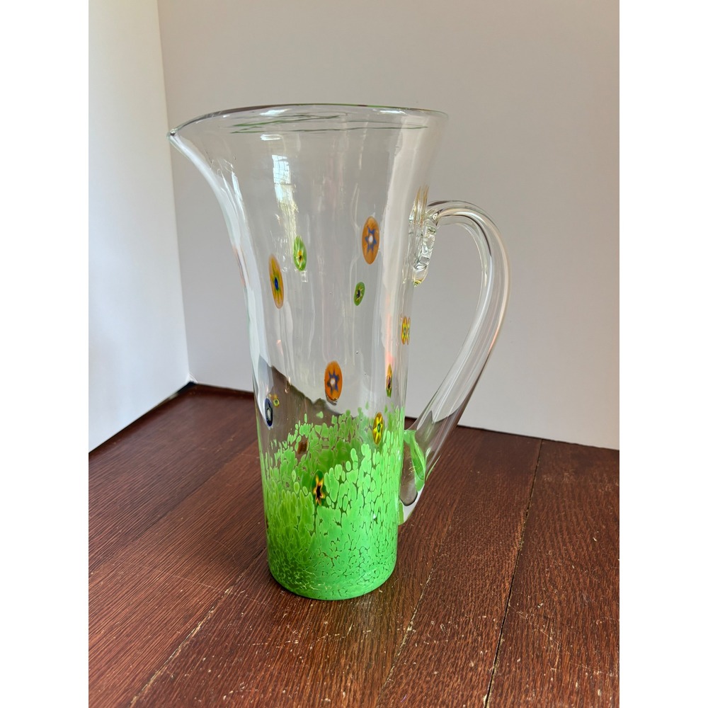 Murano Style Hand Blown Glass Pitcher Green Confetti Millefiori Floral 10 inch